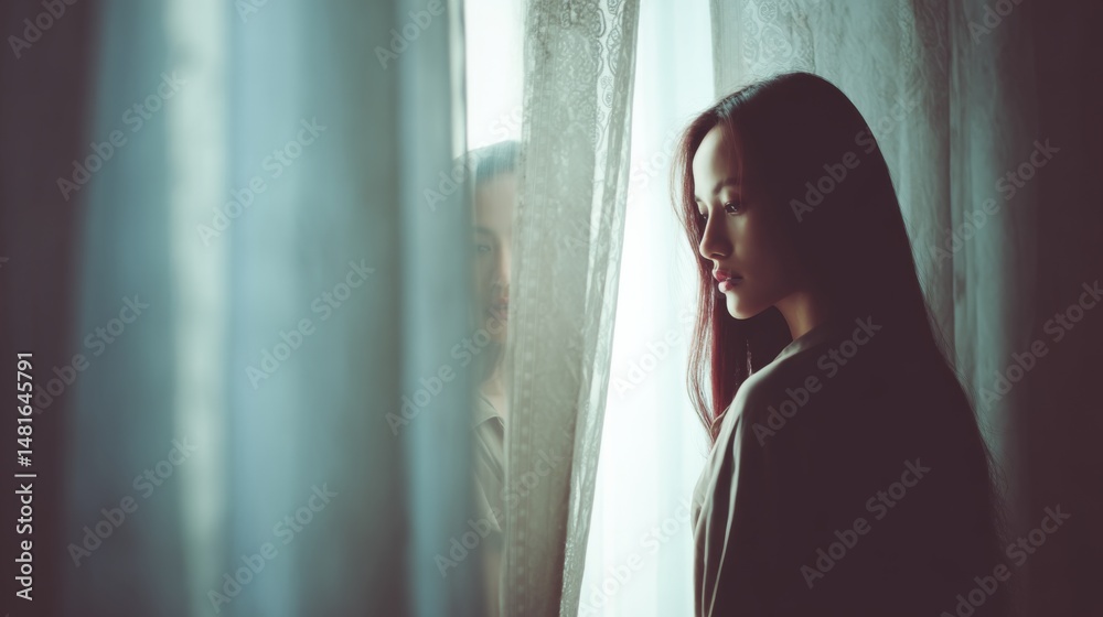Poster a woman stands contemplatively, looking into a mirror, with soft light filtering through sheer lace 