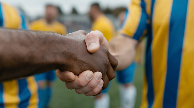 Sportsmanship in Action: Two soccer players, their team colors blurring into a symbol of unity, shake hands in a moment of mutual respect after a hard-fought game.