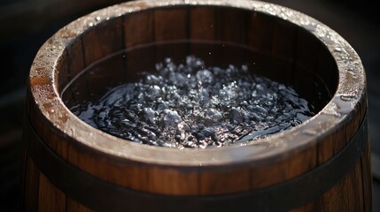 Fototapeta premium Wooden barrel filled with water, displaying splashing water.