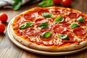 Delicious Pepperoni Pizza Close Up on Wooden Table Top View Fresh Basil Leaves Italian Cuisine Restaurant Food