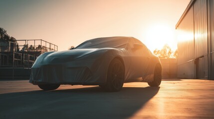 Wrapped Car Under Sunset with Dramatic Lighting and Shadows