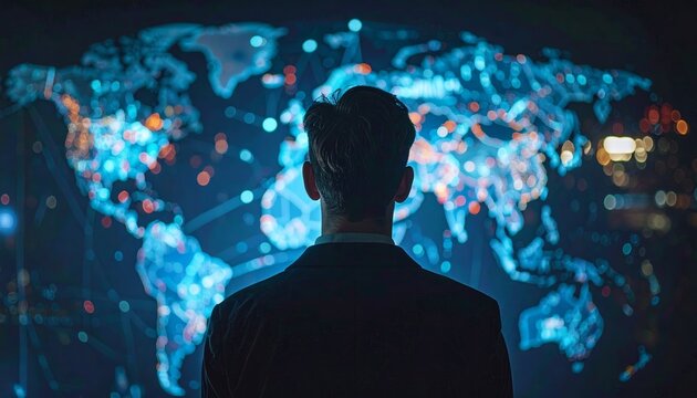 A businessman contemplates a globally interconnected world