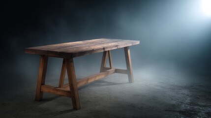 A rustic wooden table sits in an ethereal fog, illuminated softly against a deep charcoal backdrop, enhancing its festive and mysterious presence