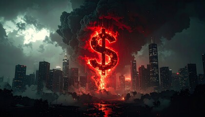 A fiery dollar sign erupts from a dark cloud over a cityscape