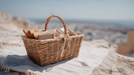 A wicker basket holds an assortment of pastries neatly packed and tied with twine, set on a textured blanket, evoking a tranquil picnic vibe in nature
