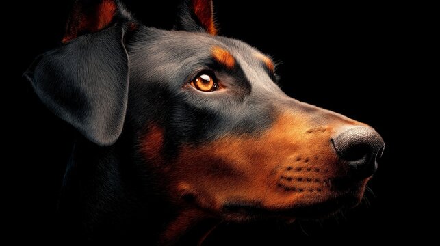 Majestic Doberman Portrait: A striking, close-up portrait of a doberman pinscher, with an intense gaze. The image captures the breed's characteristic elegance, intelligence. - Powered by Adobe