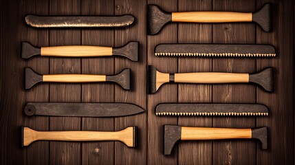 Wooden-handled tools arranged on dark wood