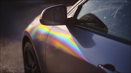 Naklejka premium Car Reflection with Rainbow Glare in Natural Sunlight