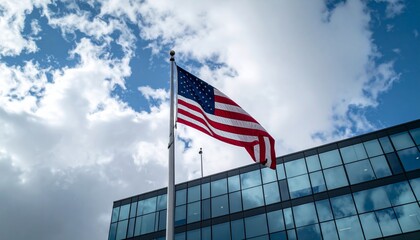 An American flag billows in the wind against a modern glass building under a partly cloudy sky