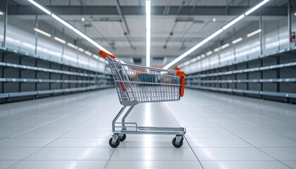 An empty shopping cart sits in an aisle of bare shelves at a supermarket