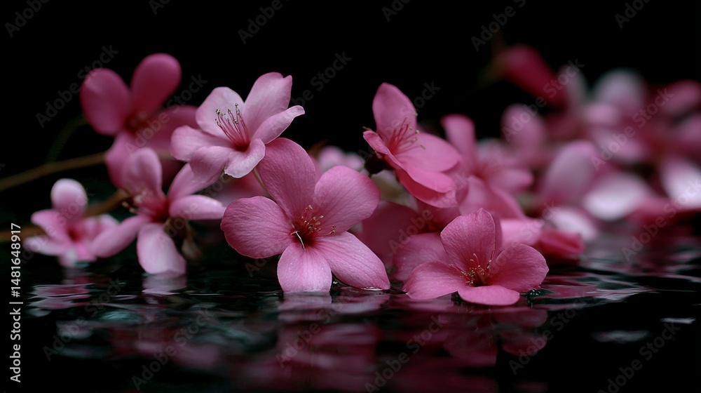 Poster soft pink petals rest on tranquil dark water, surrounded by gentle ripples reflecting light, evoking