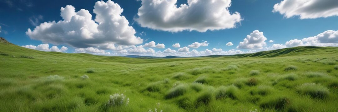 Rolling hills covered in lush green grass under a bright blue sky dotted with fluffy white cumulus clouds, scenery, sky, clouds