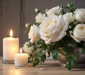 Romantic floral arrangement with white rose and candle, atmosphere, passion, love