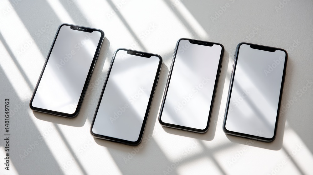 Leinwandbilder four sleek smartphones are symmetrically arranged on a white surface, showcasing their blank screens