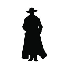 Mysterious Man Silhouette in Trench Coat and Hat – Noir Style Vector Art