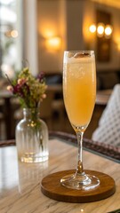 Golden Hued Beverage in a Glass on a Table with Flowers