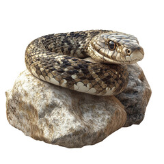 Fototapeta premium Coiled rattlesnake resting peacefully on a rough granite stone enjoying on transparent background