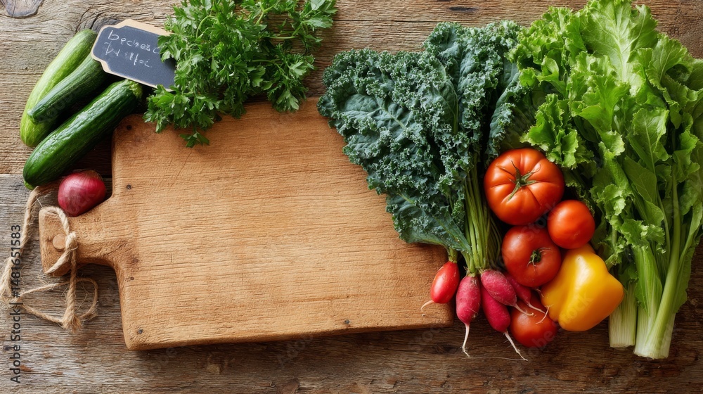 Aufkleber fresh vegetables are displayed on a rustic wooden board in a farmers market stall. blank price tags 