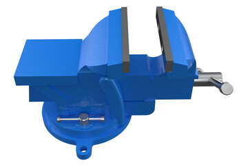 High Resolution Blue Bench Vise with Open Jaws - Isolated Heavy Duty Workshop Tool on Transparent PNG Background for Industrial, DIY, Metalwork, Woodwork, Repair, Automotive, Engineering Projects.