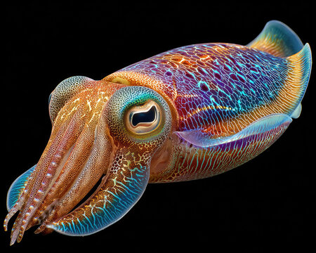 A colorful cuttlefish with intricate patterns and vibrant hues swims against a black background.