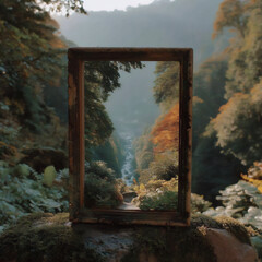 a hand holding a rustic wooden picture frame, framing a vibrant green forest with sunlight streaming through the trees,