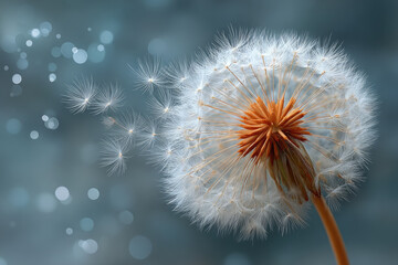 Fototapeta premium A close-up of a dandelion puff with seeds blowing away, set against a soft, blurred blue background.