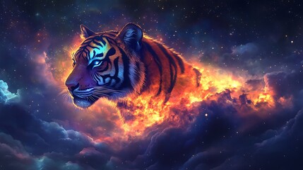 tiger with a crown of floating stones standing in still silence