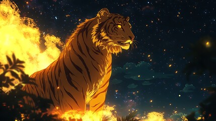 Naklejka premium tiger with a crown of floating stones standing in still silence