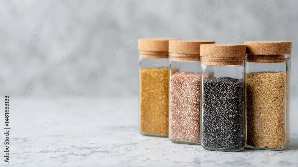 Poster three jars filled with chia seeds are positioned diagonally on a white marble surface, exhibiting so