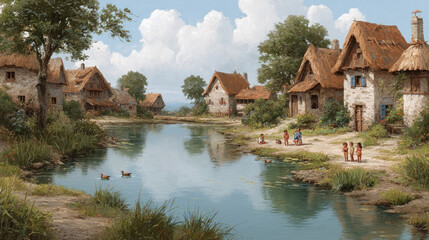 Obraz premium Picturesque village with thatched cottages by a river, children playing on the shore, ducks swimming, and lush greenery under a bright, cloud-filled sky.