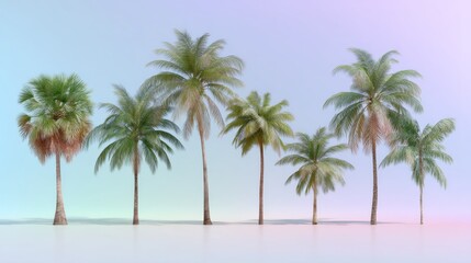 Fototapeta premium Coconut palm trees stand in various heights and angles against a soft pastel backdrop, creating a vibrant and visually engaging arrangement ideal for commercial use