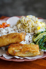 Tutug oncom rice from Sundanese cuisine, captured on May 15, 2025. Savory steamed rice mixed with fermented soybean cake, served with traditional Sundanese sides