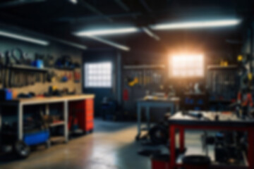 Obraz premium Blurry car repair shop, the car is being serviced in a garage with a dark theme, featuring a blurry repair shop background.