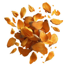 Fototapeta premium Exploding Turmeric Root Pieces, Vibrant Orange Spice Explosion