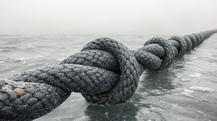 Frozen Knots on a Heavy Mooring Line in a Misty Ocean Vista