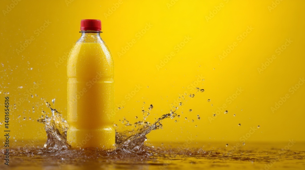 Poster capturing the dynamic moment of a plastic juice bottle splashing into water, surrounded by droplets,