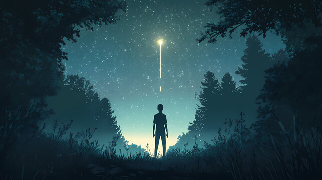 Silent vigil, a solitary figure stands against the night sky, captivated by a radiant shooting star, embodying wonder and introspection. [Skyroot Canopy] | Whisper Stalk | silent shoot. Illustration