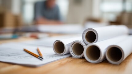 Rolled technical architectural drawings rest on a drafting table, accompanied by a pencil and ruler out of focus, highlighting design preparation