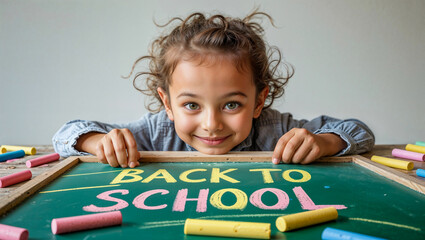 Cheerful young girl peeking over a back to school sign surrounded by colorful stationery and books.