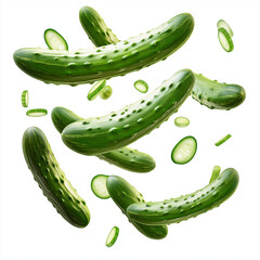 Six cucumbers floating against white background