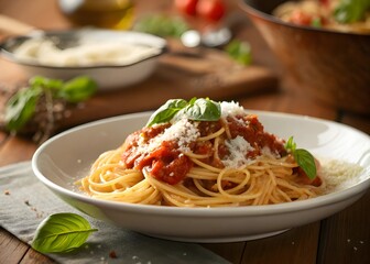 Classic Italian spaghetti pasta with tomato sauce, parmesan cheese, and fresh basil in white bowl