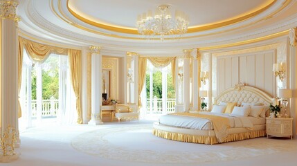A luxurious bedroom with a sleep render on a grand bed, surrounded by elegant decor and soft lighting,