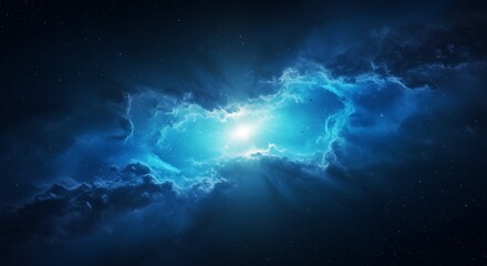 Bright celestial cloud with radiant light at center, surrounded by deep blue and scattered stars.