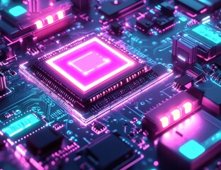 Obraz premium High-tech circuit board with glowing central processor (1)