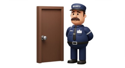 3D Cartoon Security Guard by Door - Friendly cartoon security guard, door, protection, safety, access control. Symbolizing security, vigilance, safety, access and protection