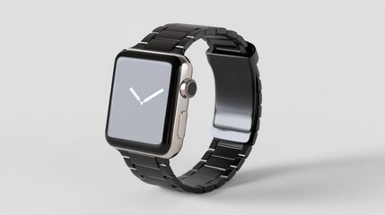 Black smartwatch positioned elegantly at a 45-degree angle against a soft background, highlighting its sleek design and modern aesthetic in a studio setting