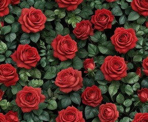 Seamless repeat pattern of roses in various shades of red and green leaves, seamless, flowers