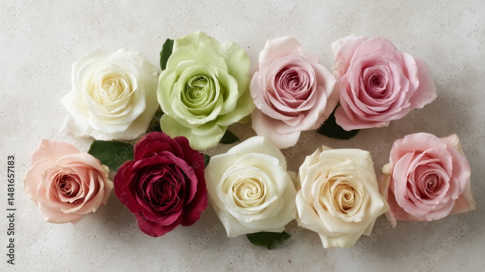 Aufkleber pastel-colored roses in various hues are elegantly styled on a light surface, creating a beautiful f