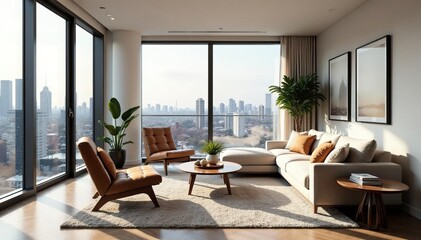 Naklejka premium Modern condo living room with stylish furniture and large windows, showcasing natural light and city views , city view, architecture, natural light