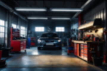 Blurry car repair shop, the car is being serviced in a garage with a dark theme, featuring a blurry repair shop background.